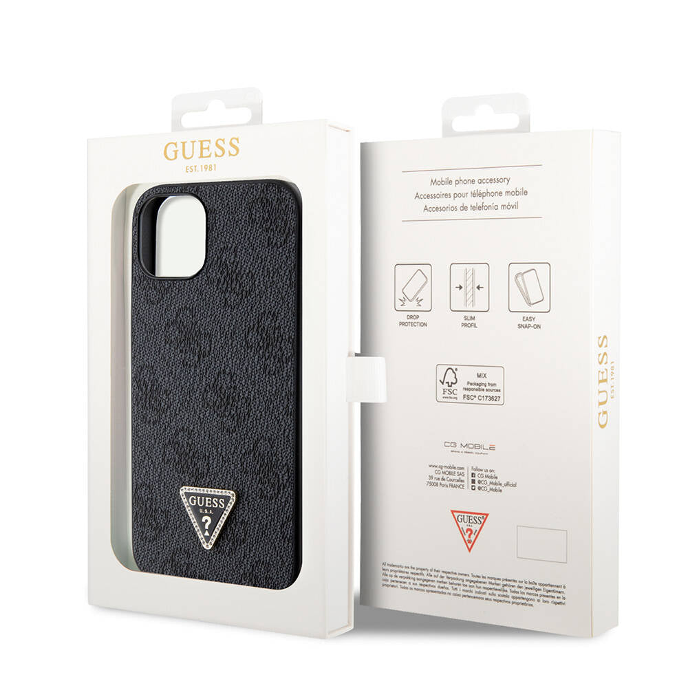 iPhone 14 Kılıf Guess Orijinal Lisanslı PU Deri Taşlı Üçgen Logo 4G Desenli Kılıf