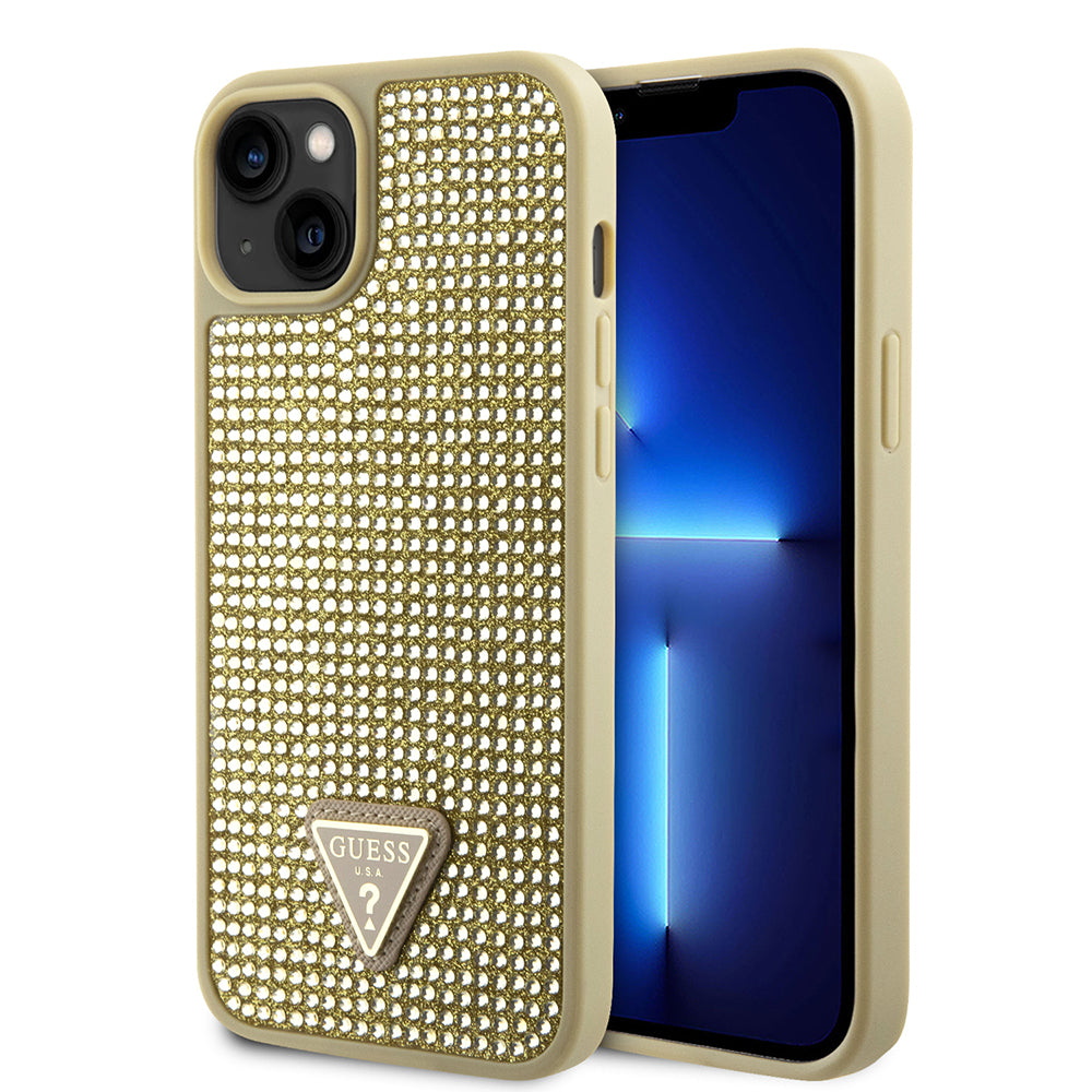 iPhone 14 Kılıf Guess Orijinal Lisanslı Taşlı Arka Yüzey Üçgen Logolu Kılıf