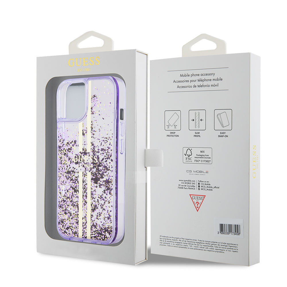 iPhone 14 Kılıf Guess Orijinal Lisanslı Transparan Sıvılı Simli Altın Çizgili Kılıf