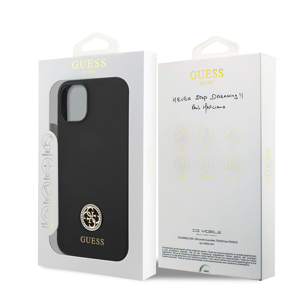 iPhone 14 Kılıf Guess Orijinal Lisanslı Yazı ve Taşlı 4G Logolu Silikon Kılıf