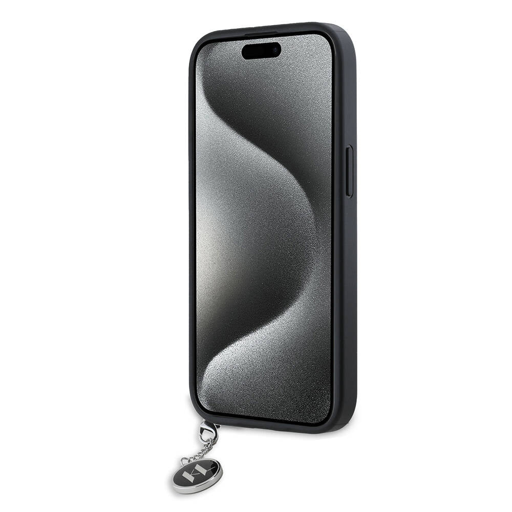 iPhone 14 Kılıf Karl Lagerfeld Orijinal Lisanslı Anahtarlıklı Taşlı KL Yazılı Saffiano Rhinestones Kılıf