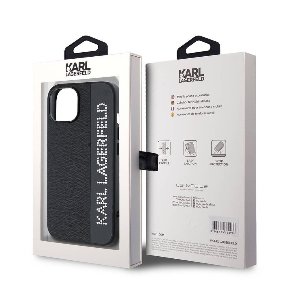 iPhone 14 Kılıf Karl Lagerfeld Orijinal Lisanslı Anahtarlıklı Taşlı KL Yazılı Saffiano Rhinestones Kılıf