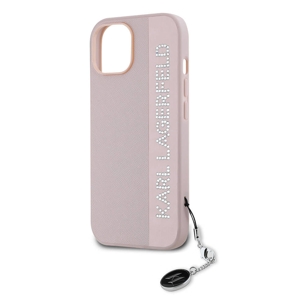 iPhone 14 Kılıf Karl Lagerfeld Orijinal Lisanslı Anahtarlıklı Taşlı KL Yazılı Saffiano Rhinestones Kılıf