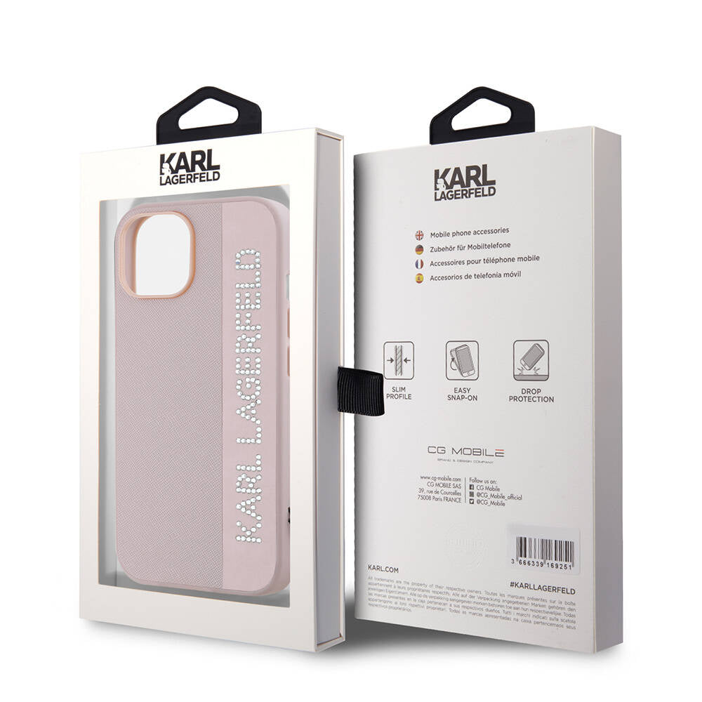 iPhone 14 Kılıf Karl Lagerfeld Orijinal Lisanslı Anahtarlıklı Taşlı KL Yazılı Saffiano Rhinestones Kılıf