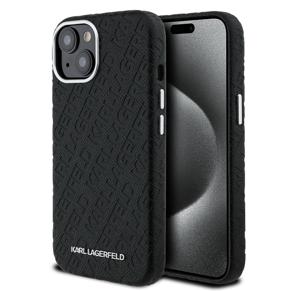iPhone 14 Kılıf Karl Lagerfeld Orijinal Lisanslı PU Deri Damgalı Metal Yazı Logolu Kılıf