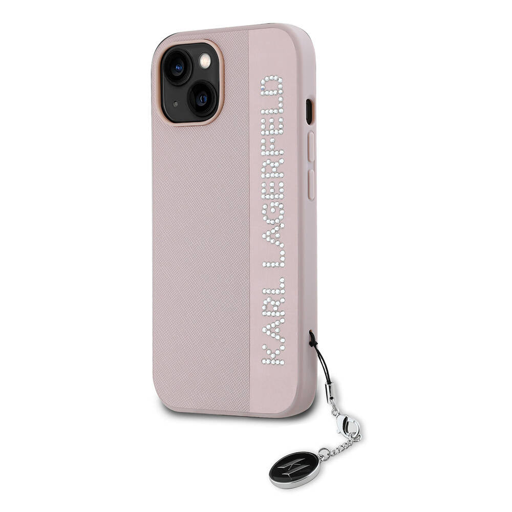 iPhone 14 Kılıf Karl Lagerfeld orijinal Lisanslı Anahtarlıklı Taşlı KL Yazılı Saffiano Rhinestones Kılıf