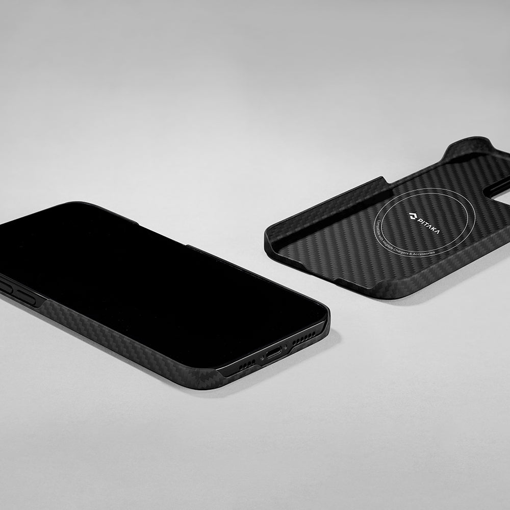 iPhone 14 Kılıf M-safe Şarj Özellikli 1500D Aramid Karbon Fiber Pitaka Ultra-Slim Classic Serisi Black-Grey Twill Kılıf
