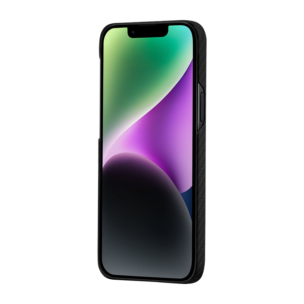 iPhone 14 Kılıf M-safe Şarj Özellikli 1500D Aramid Karbon Fiber Pitaka Ultra-Slim Classic Serisi Black-Grey Twill Kılıf