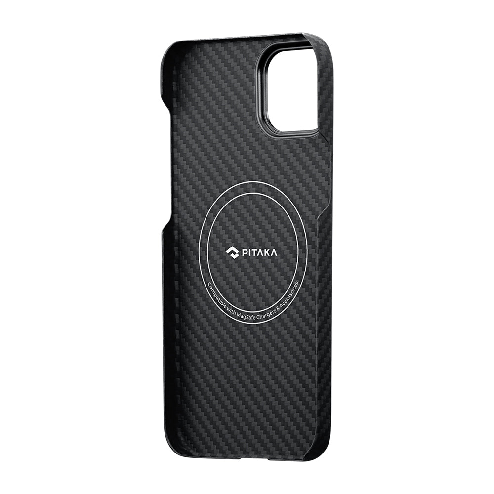 iPhone 14 Kılıf M-safe Şarj Özellikli 1500D Aramid Karbon Fiber Pitaka Ultra-Slim Classic Serisi Black-Grey Twill Kılıf
