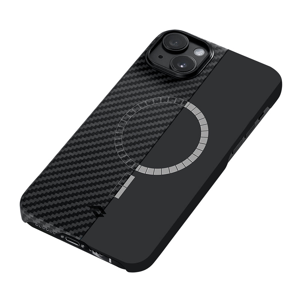 iPhone 14 Kılıf M-safe Şarj Özellikli 1500D Aramid Karbon Fiber Pitaka Ultra-Slim Classic Serisi Black-Grey Twill Kılıf