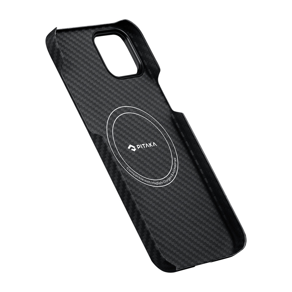 iPhone 14 Kılıf M-safe Şarj Özellikli 1500D Aramid Karbon Fiber Pitaka Ultra-Slim Classic Serisi Black-Grey Twill Kılıf