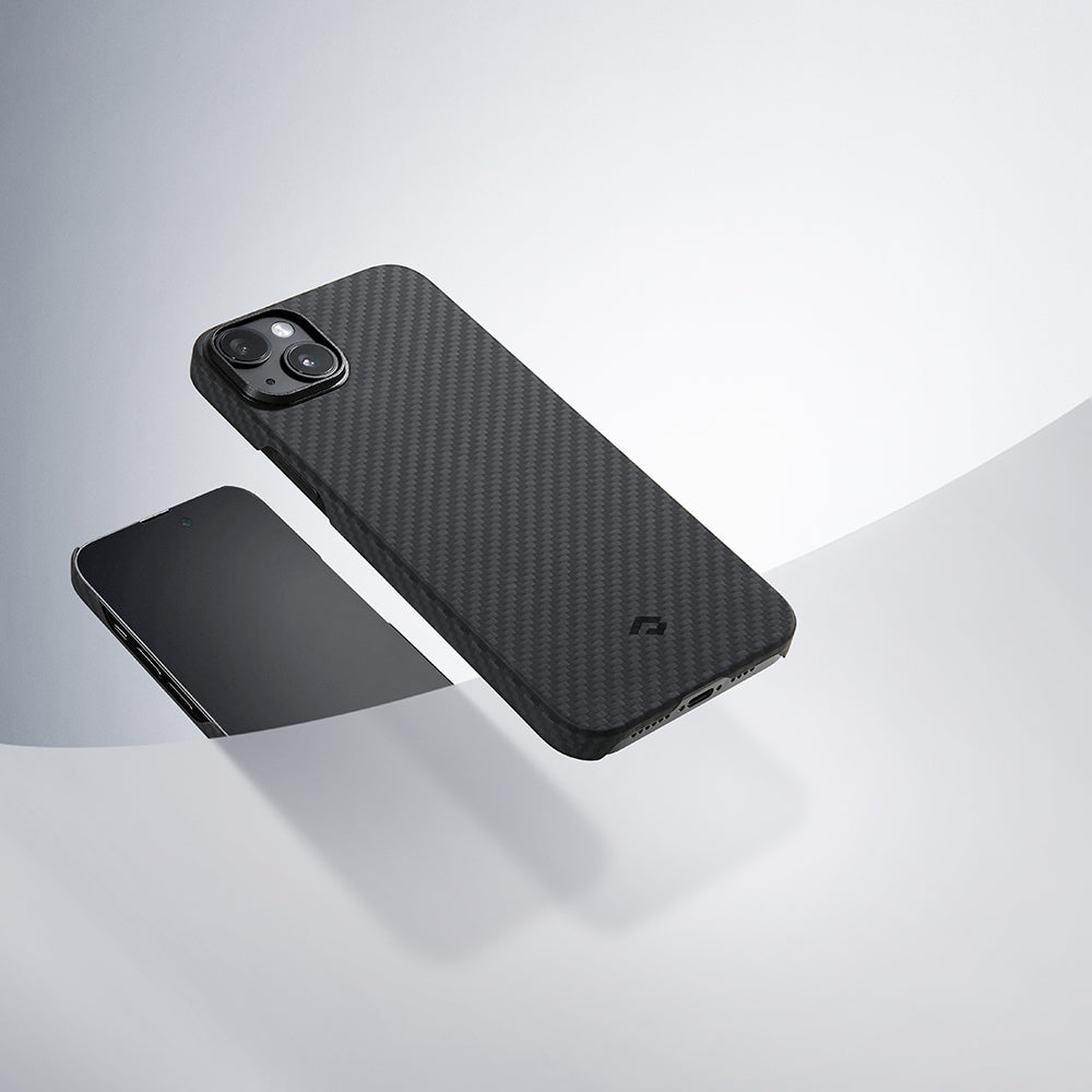 iPhone 14 Kılıf M-safe Şarj Özellikli 1500D Aramid Karbon Fiber Pitaka Ultra-Slim Classic Serisi Black-Grey Twill Kılıf