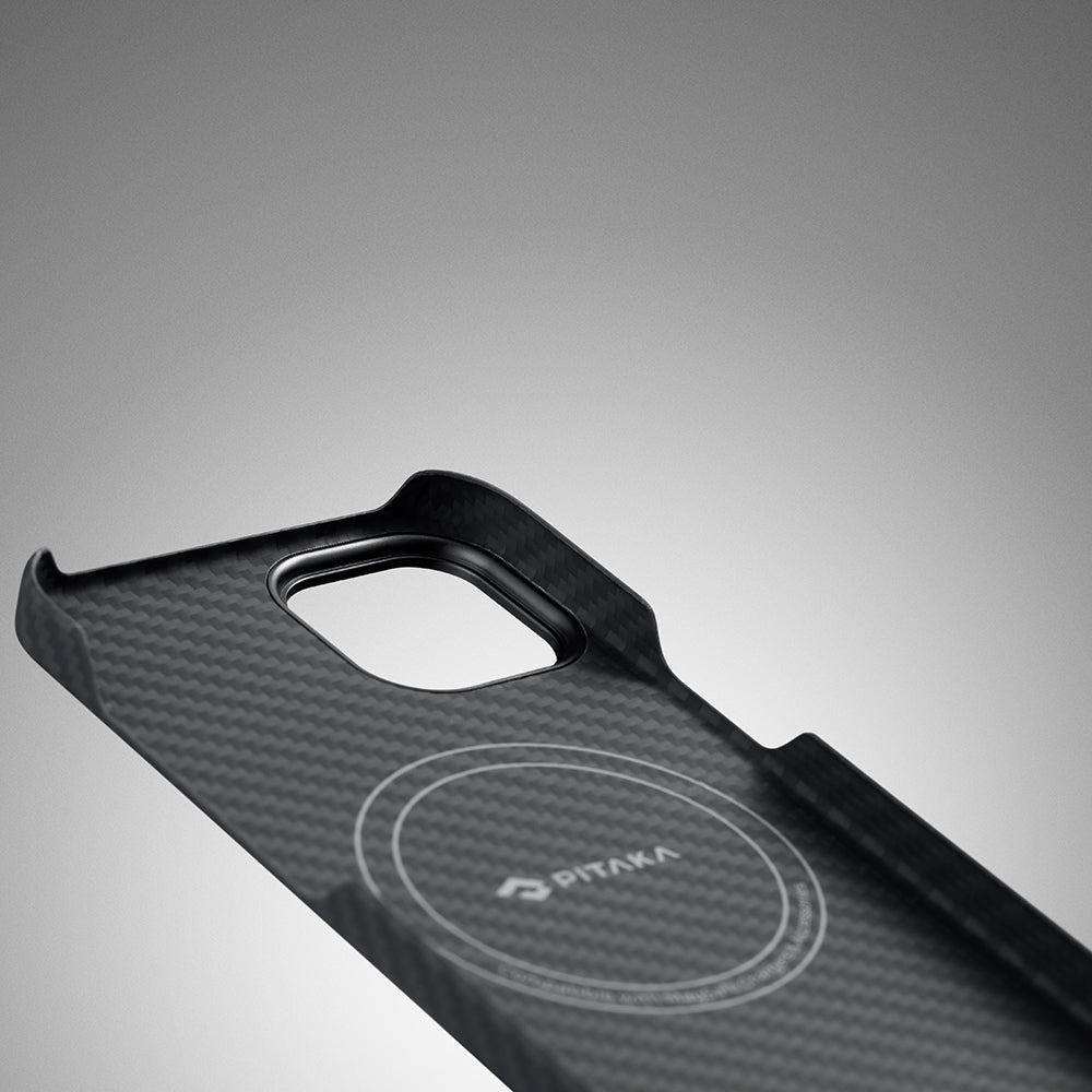 iPhone 14 Kılıf M-safe Şarj Özellikli 1500D Aramid Karbon Fiber Pitaka Ultra-Slim Classic Serisi Black-Grey Twill Kılıf