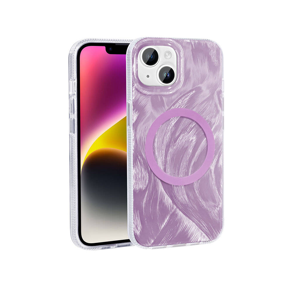 iPhone 14 Kılıf M-safe Şarj Özellikli Fırça Boya Desenli Zore Palet Kılıf