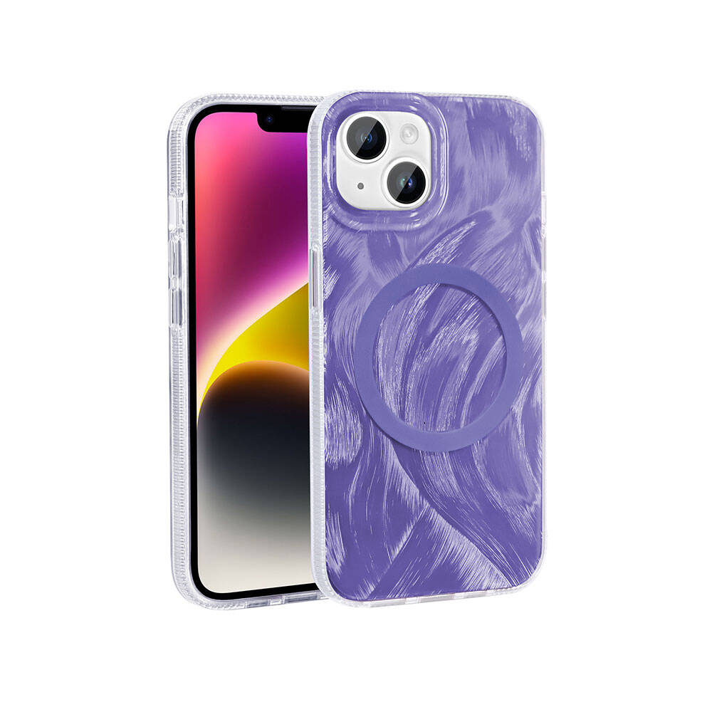 iPhone 14 Kılıf M-safe Şarj Özellikli Fırça Boya Desenli Zore Palet Kılıf
