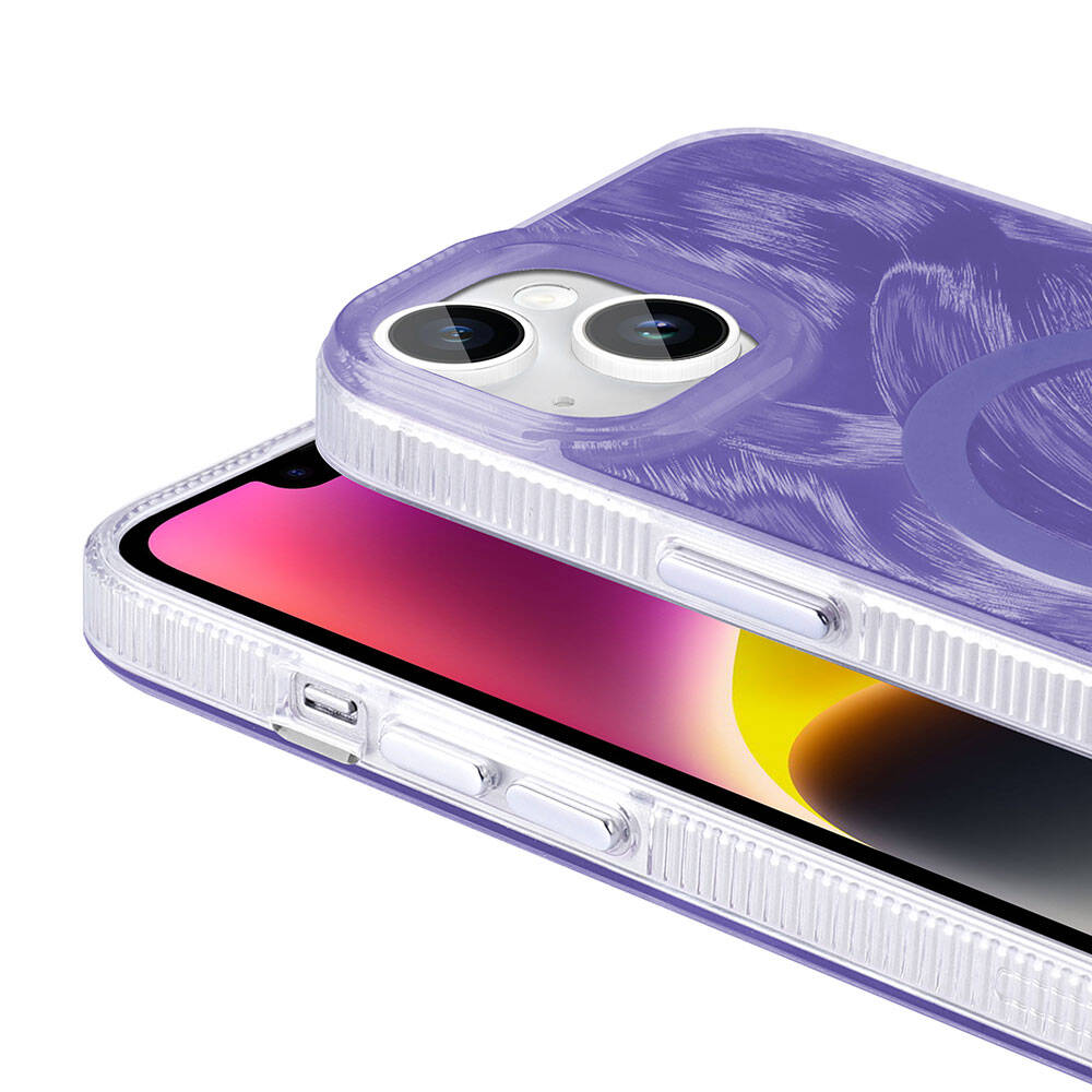 iPhone 14 Kılıf M-safe Şarj Özellikli Fırça Boya Desenli Zore Palet Kılıf