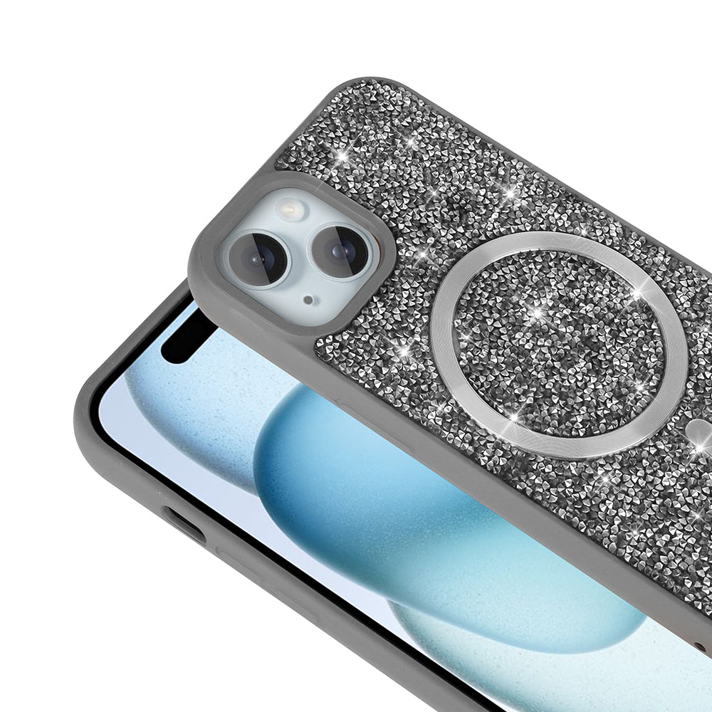 iPhone 14 Kılıf Pırlanta Tasarımlı M-safe Şarj Özellikli Zore Mozaik Silikon Kılıf