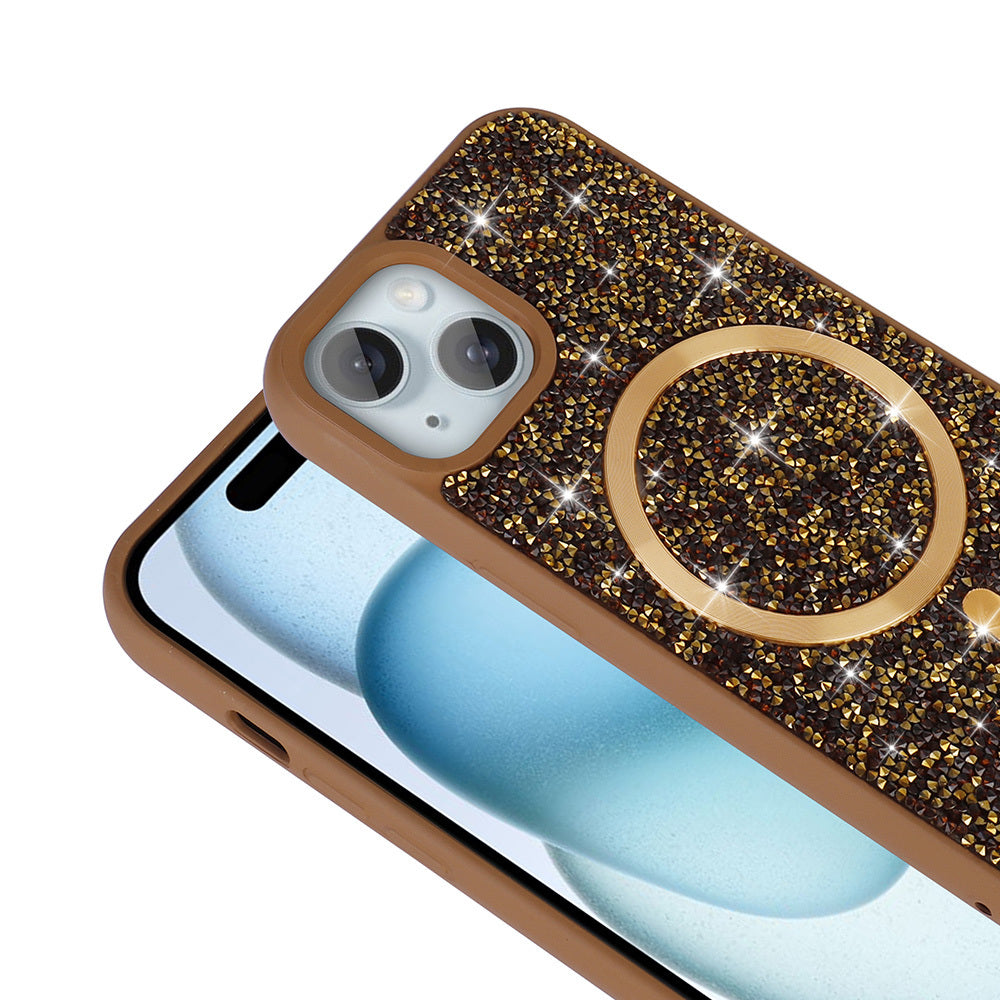 iPhone 14 Kılıf Pırlanta Tasarımlı M-safe Şarj Özellikli Zore Mozaik Silikon Kılıf