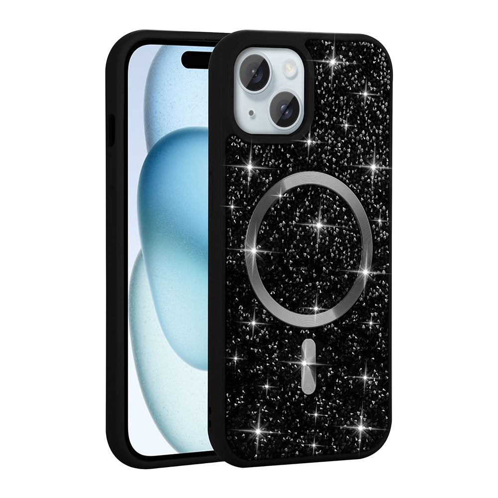 iPhone 14 Kılıf Pırlanta Tasarımlı M-safe Şarj Özellikli Zore Mozaik Silikon Kılıf