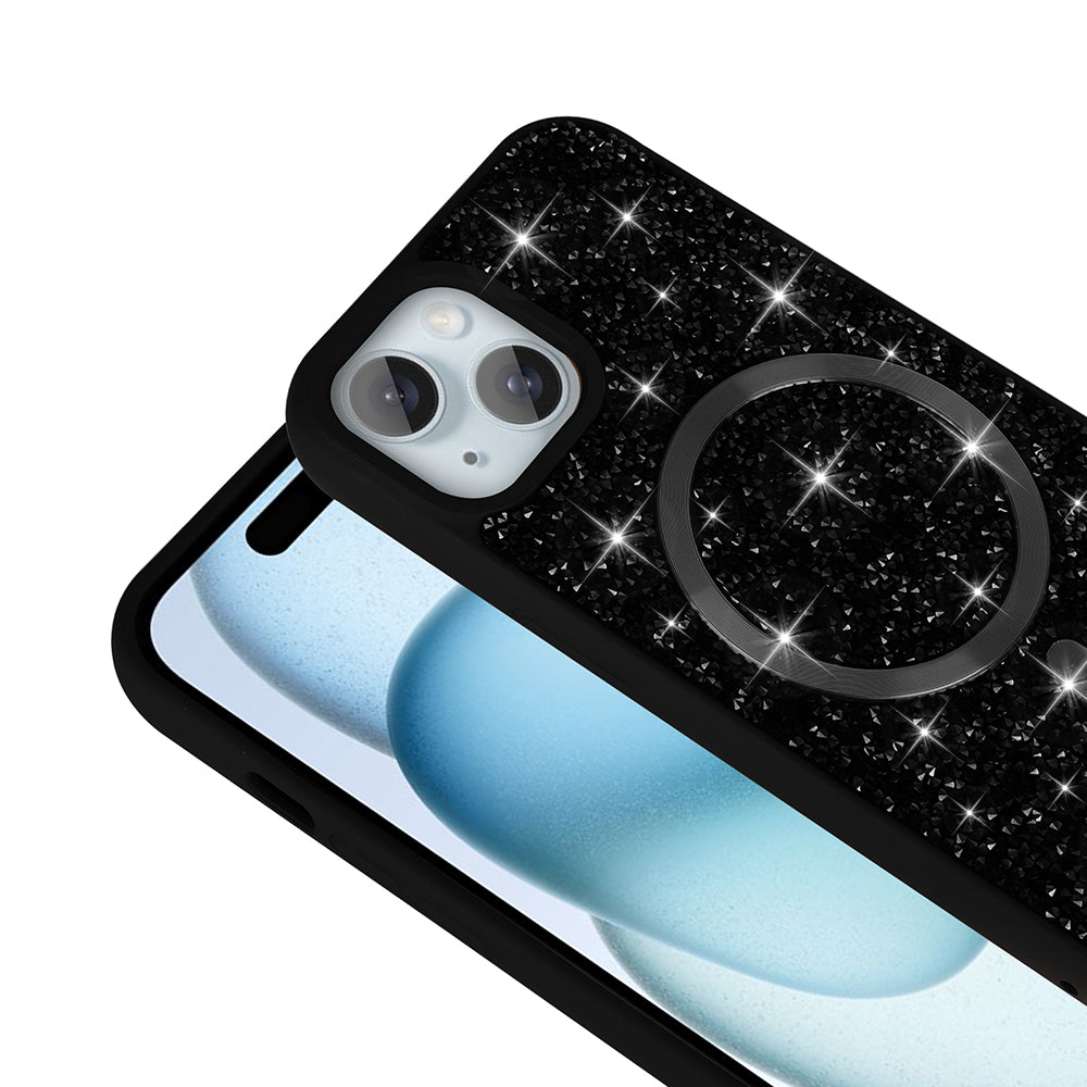 iPhone 14 Kılıf Pırlanta Tasarımlı M-safe Şarj Özellikli Zore Mozaik Silikon Kılıf