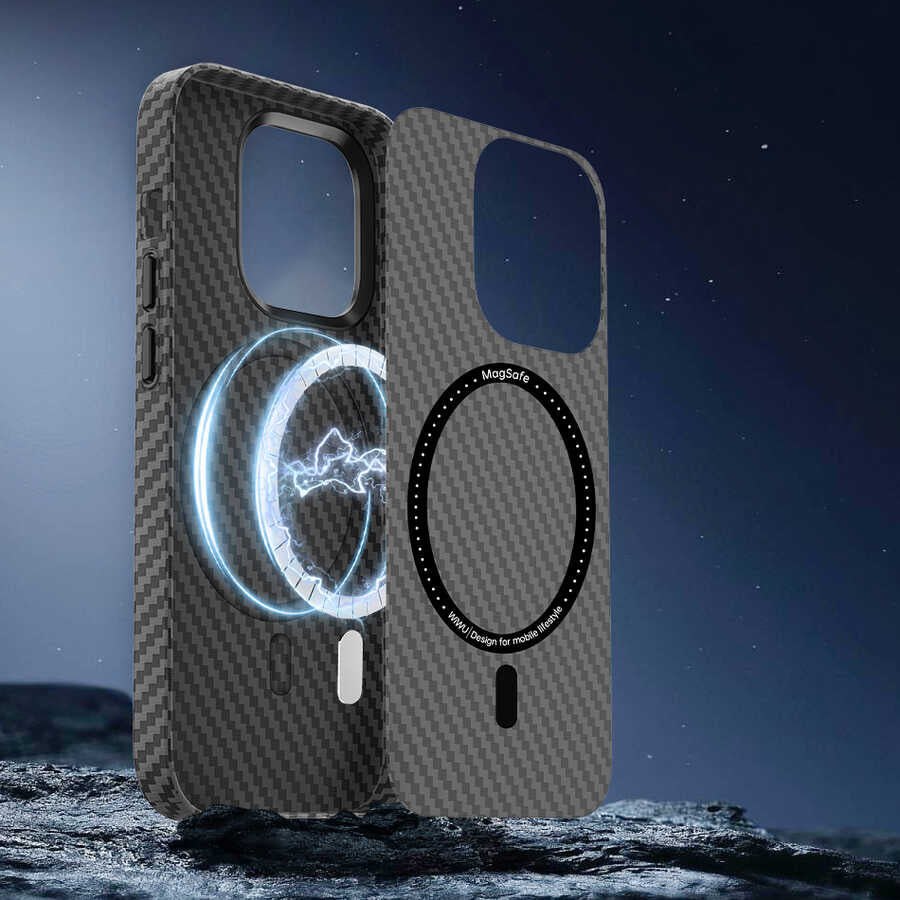 iPhone 14 Kılıf Wiwu Karbon Fiber Görünümlü M-safe Wireless Şarj Özellikli Kabon Kılıf