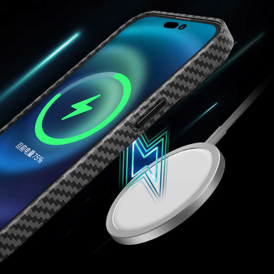 iPhone 14 Kılıf Wiwu Karbon Fiber Görünümlü M-safe Wireless Şarj Özellikli Kabon Kılıf