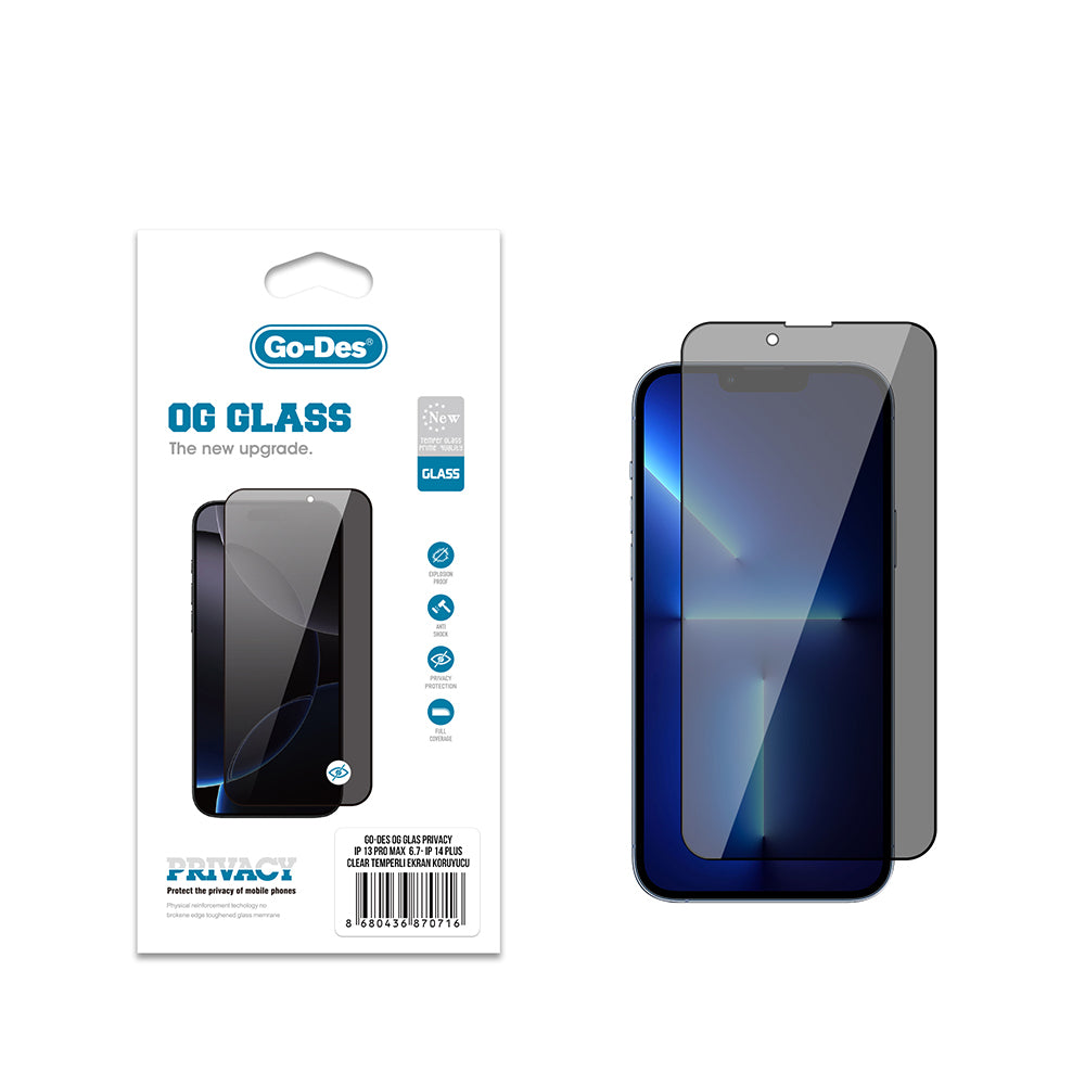 iPhone 14 Plus Go Des OG Glass Privacy Antistatik Temperli Cam Ekran Koruyucu