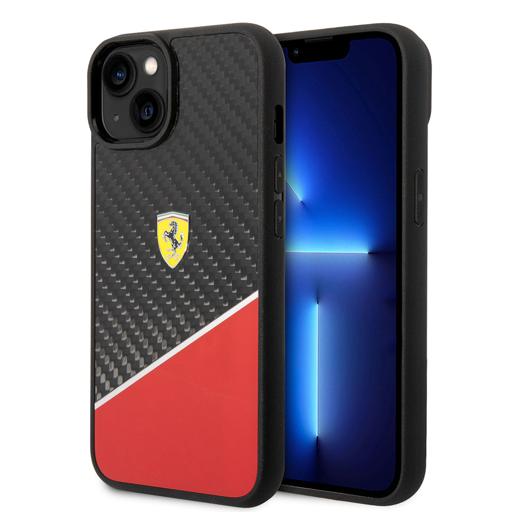 iPhone 14 Plus Kılıf Ferrari Orijinal Lisanlı Klasik Metal Logolu Karbon Şerit Desenli Kılıf