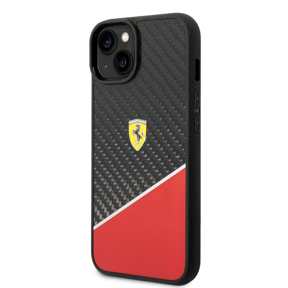 iPhone 14 Plus Kılıf Ferrari Orijinal Lisanlı Klasik Metal Logolu Karbon Şerit Desenli Kılıf