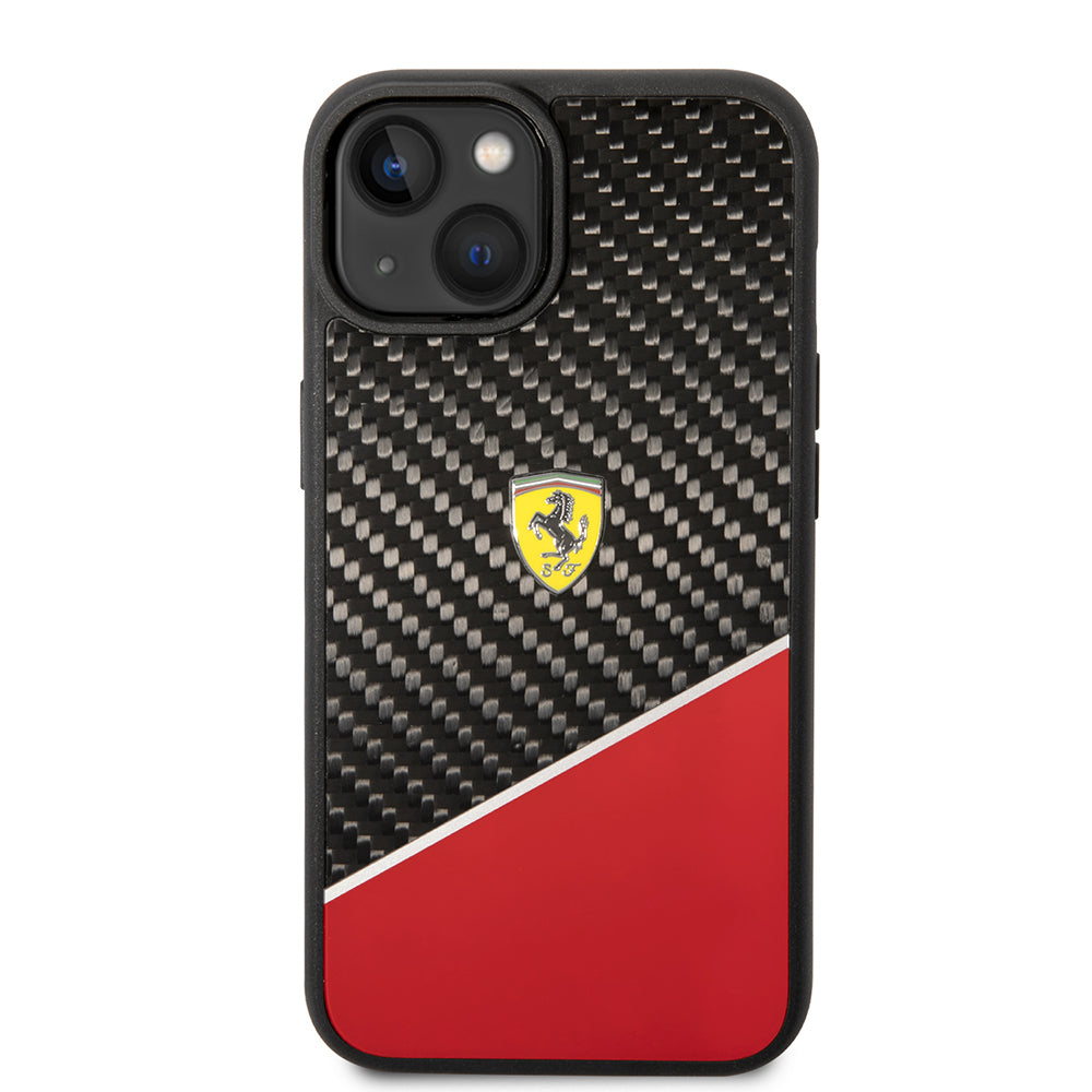 iPhone 14 Plus Kılıf Ferrari Orijinal Lisanlı Klasik Metal Logolu Karbon Şerit Desenli Kılıf