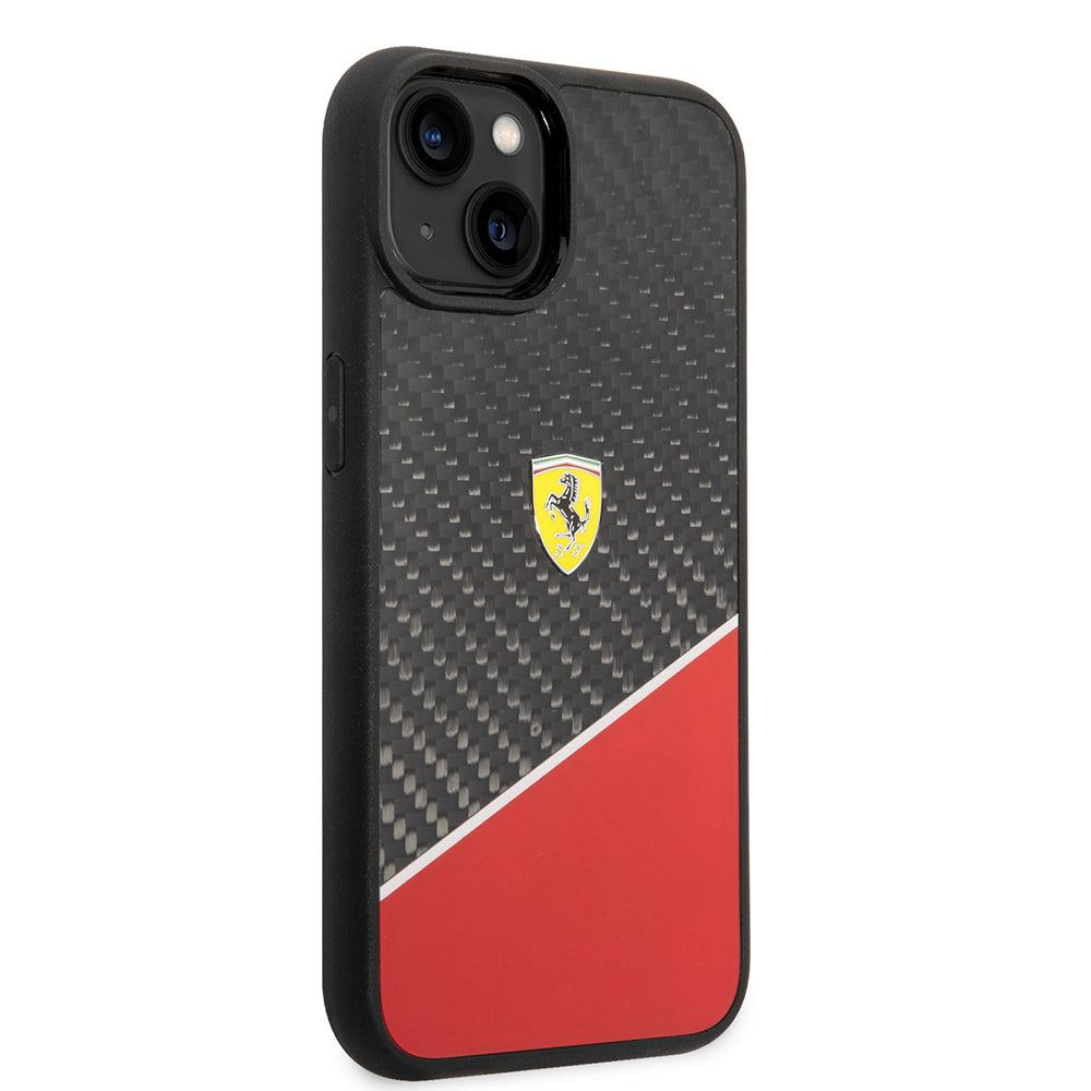 iPhone 14 Plus Kılıf Ferrari Orijinal Lisanlı Klasik Metal Logolu Karbon Şerit Desenli Kılıf