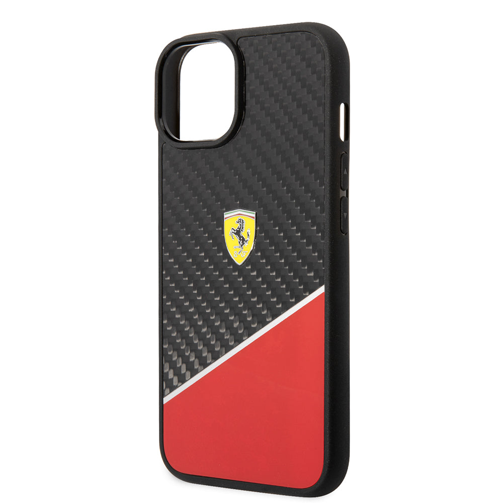 iPhone 14 Plus Kılıf Ferrari Orijinal Lisanlı Klasik Metal Logolu Karbon Şerit Desenli Kılıf
