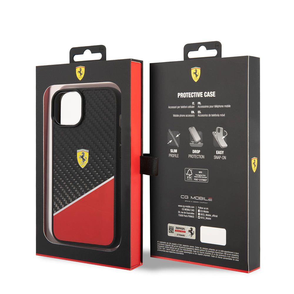 iPhone 14 Plus Kılıf Ferrari Orijinal Lisanlı Klasik Metal Logolu Karbon Şerit Desenli Kılıf