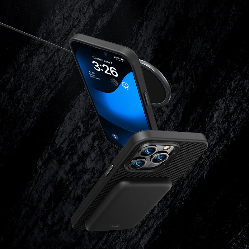 iPhone 14 Plus Kılıf Karbon Fiber M-safe Şarj Özellikli Benks Hybrid ArmorPro 1500D Kevlar Kılıf