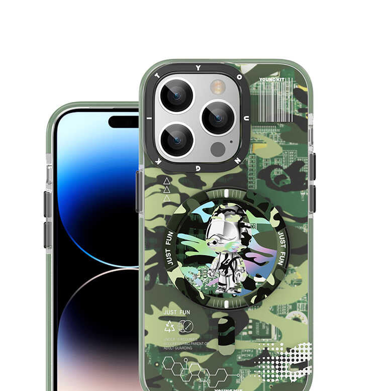 iPhone 14 Plus Kılıf M-safe Şarj Özellikli YoungKit Kamuflaj Serisi Kılıf