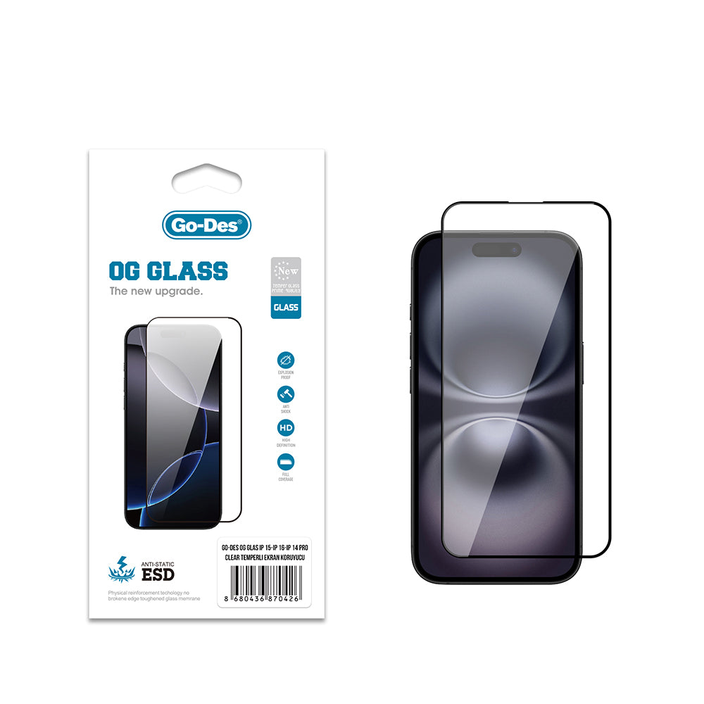 iPhone 14 Pro Go Des OG Glass Antistatik Temperli Cam Ekran Koruyucu