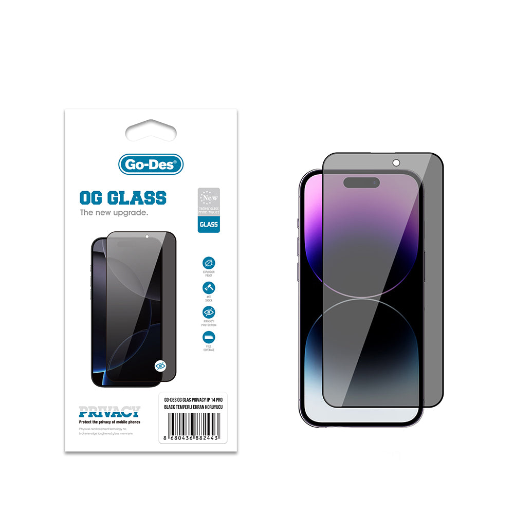 iPhone 14 Pro Go Des OG Glass Privacy Antistatik Temperli Cam Ekran Koruyucu