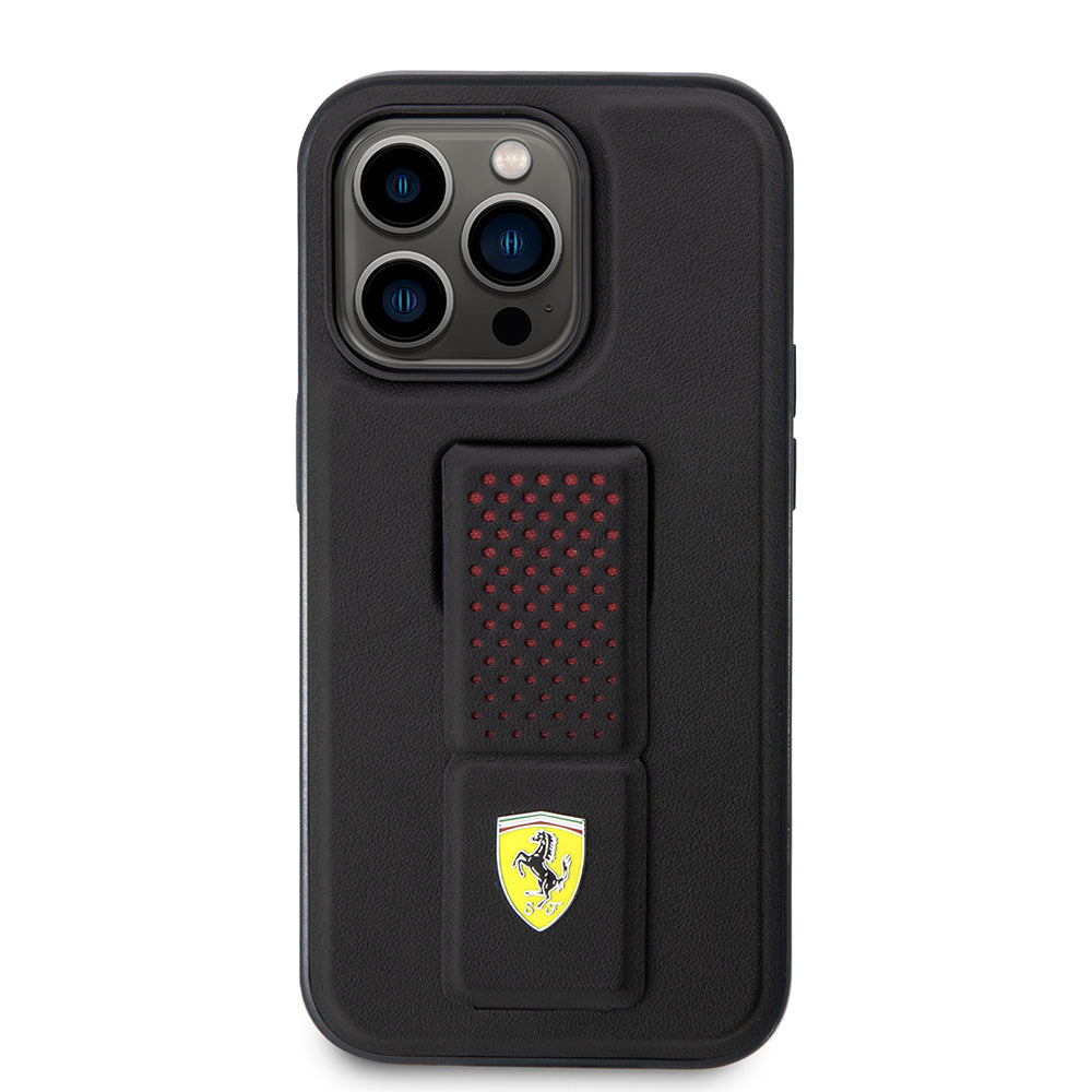 iPhone 14 Pro Kılıf Ferrari Orijinal Lisanlı Klasik Metal Logolu Delikli Standlı Deri Kılıf