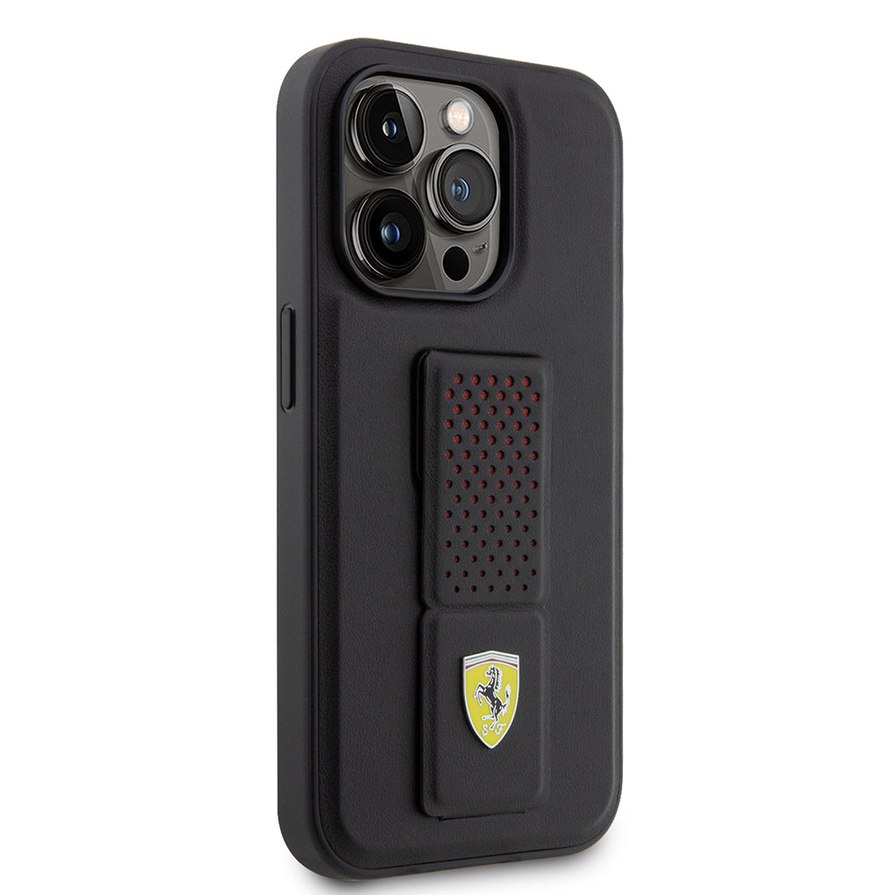 iPhone 14 Pro Kılıf Ferrari Orijinal Lisanlı Klasik Metal Logolu Delikli Standlı Deri Kılıf