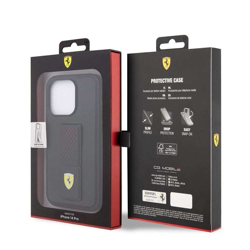 iPhone 14 Pro Kılıf Ferrari Orijinal Lisanlı Klasik Metal Logolu Delikli Standlı Deri Kılıf