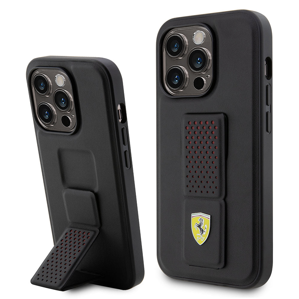 iPhone 14 Pro Kılıf Ferrari Orijinal Lisanlı Klasik Metal Logolu Delikli Standlı Deri Kılıf