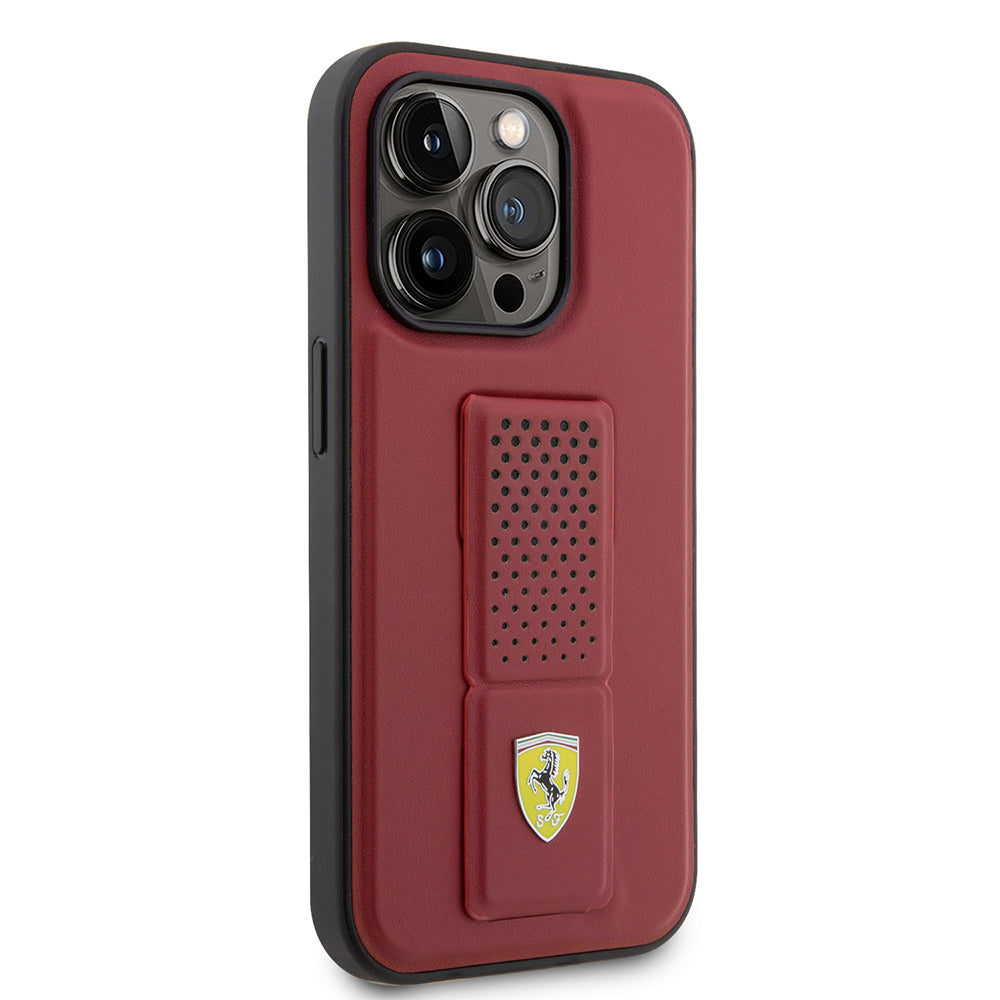 iPhone 14 Pro Kılıf Ferrari Orijinal Lisanlı Klasik Metal Logolu Delikli Standlı Deri Kılıf