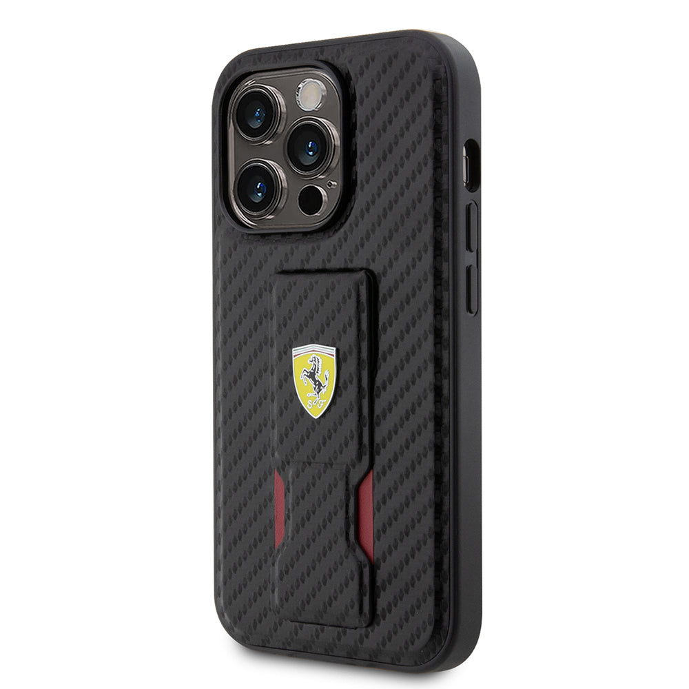 iPhone 14 Pro Kılıf Ferrari Orijinal Lisanlı Klasik Metal Logolu Delikli Standlı Karbon Kılıf