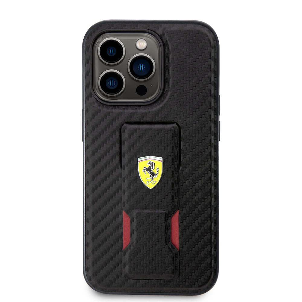 iPhone 14 Pro Kılıf Ferrari Orijinal Lisanlı Klasik Metal Logolu Delikli Standlı Karbon Kılıf