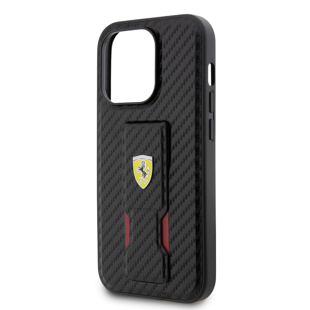 iPhone 14 Pro Kılıf Ferrari Orijinal Lisanlı Klasik Metal Logolu Delikli Standlı Karbon Kılıf