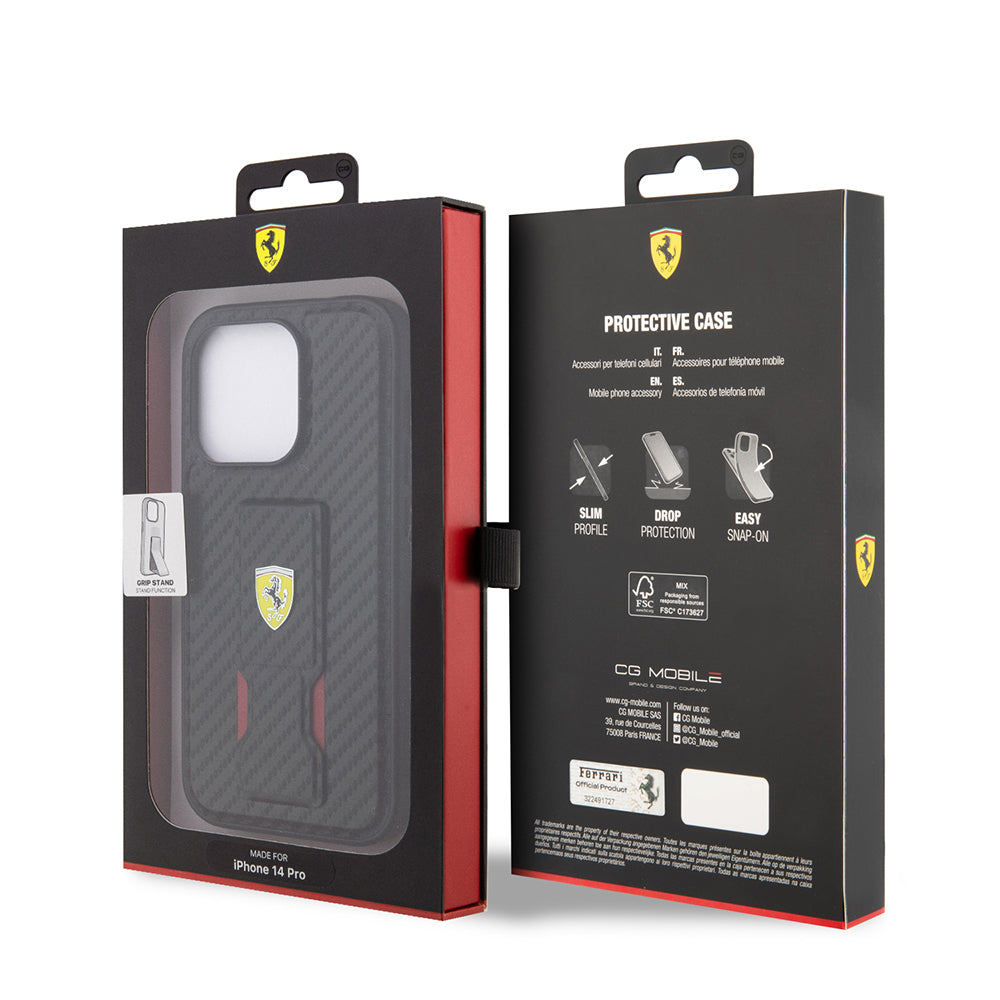 iPhone 14 Pro Kılıf Ferrari Orijinal Lisanlı Klasik Metal Logolu Delikli Standlı Karbon Kılıf