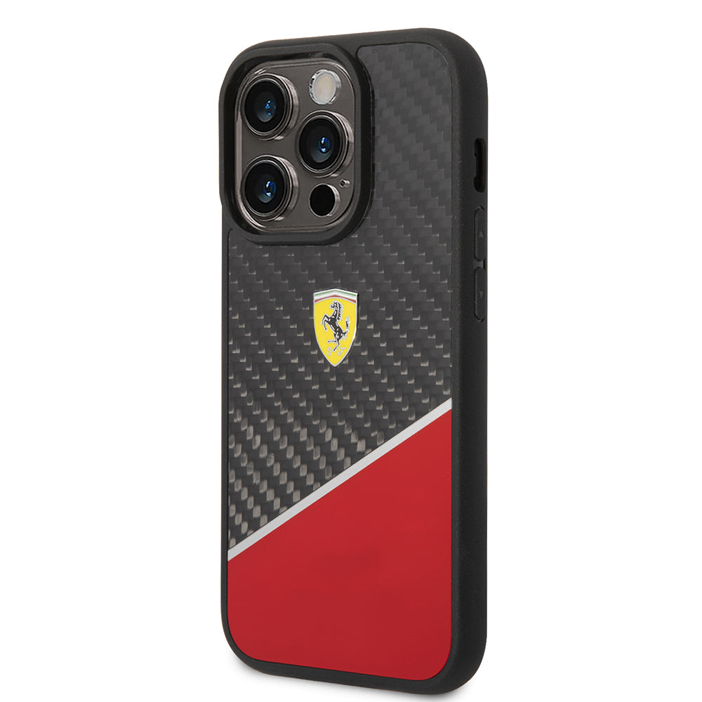 iPhone 14 Pro Kılıf Ferrari Orijinal Lisanlı Klasik Metal Logolu Karbon Şerit Desenli Kılıf