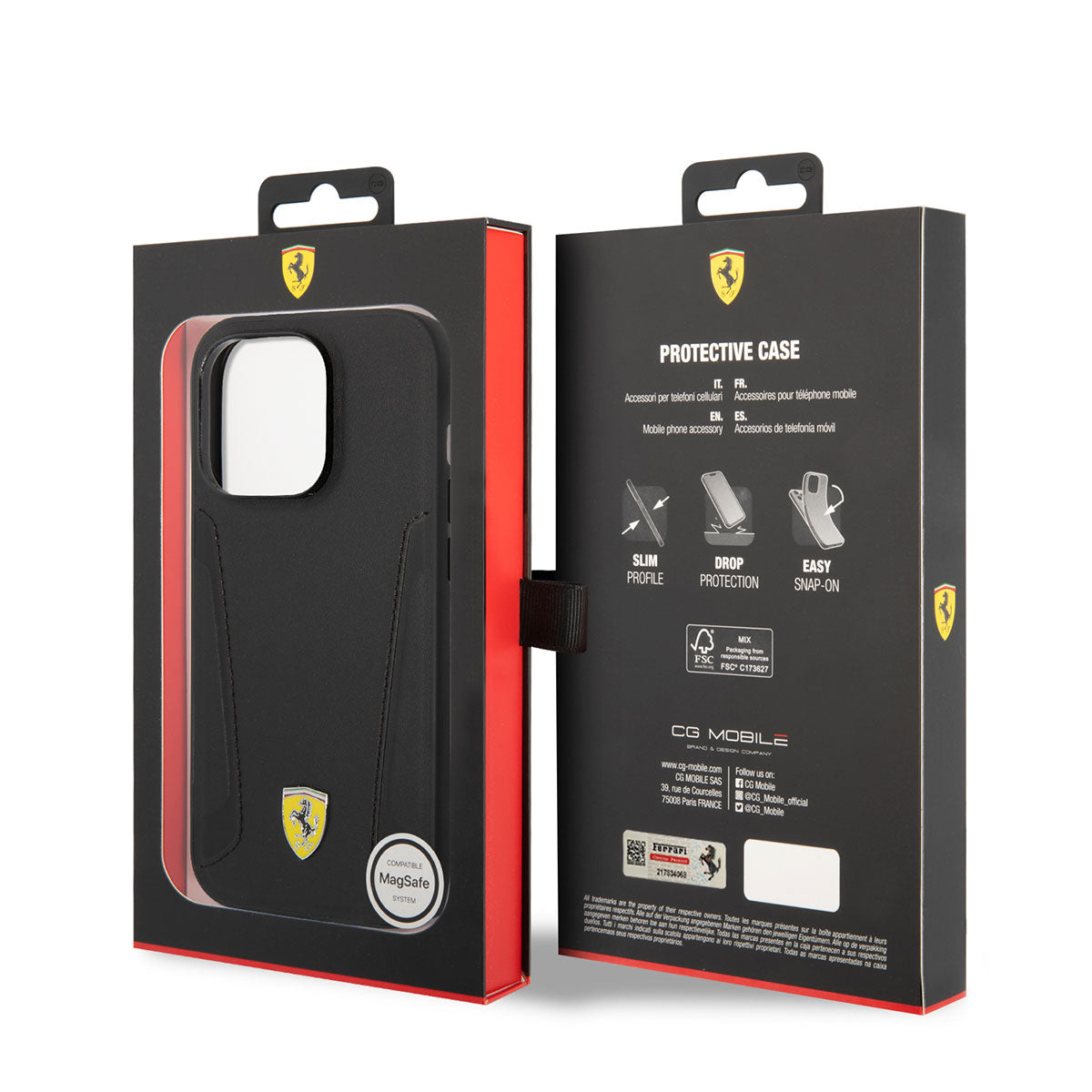 iPhone 14 Pro Kılıf Ferrari M-safe Şarj Özellikli Deri Kenarları Damgalı Dizayn Kılıf