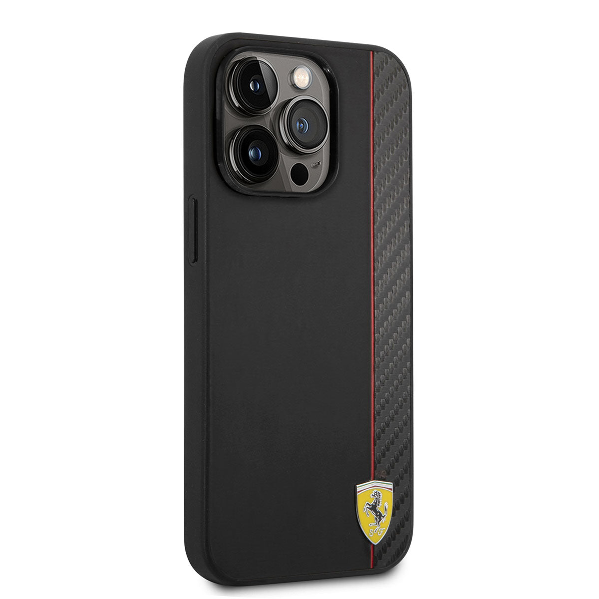 iPhone 14 Pro Kılıf Ferrari M-safe Şarj Özellikli Pu Deri Ve Karbon Şeritli Dizayn Kılıf