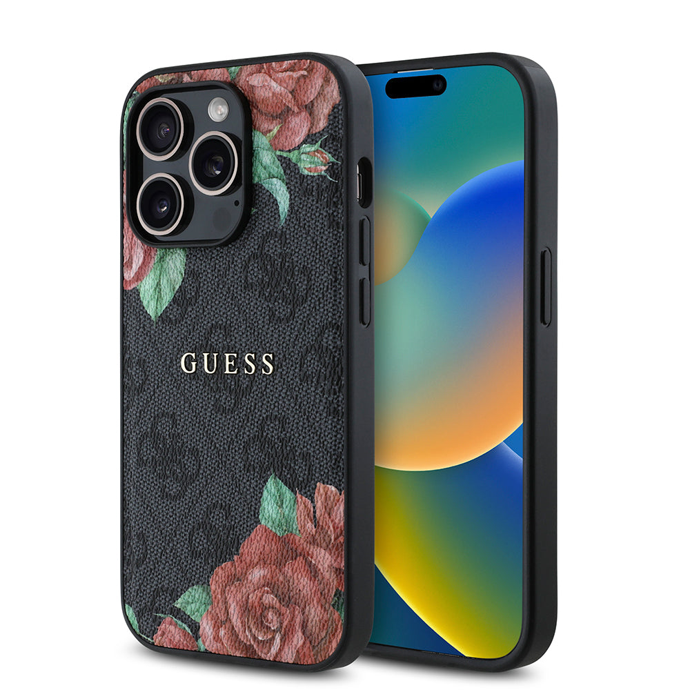 iPhone 14 Pro Kılıf Guess Orijinal Lisanslı M-safe Şarj Özellikli Gül Baskılı 4G Desenli Yazı Logolu Kılıf